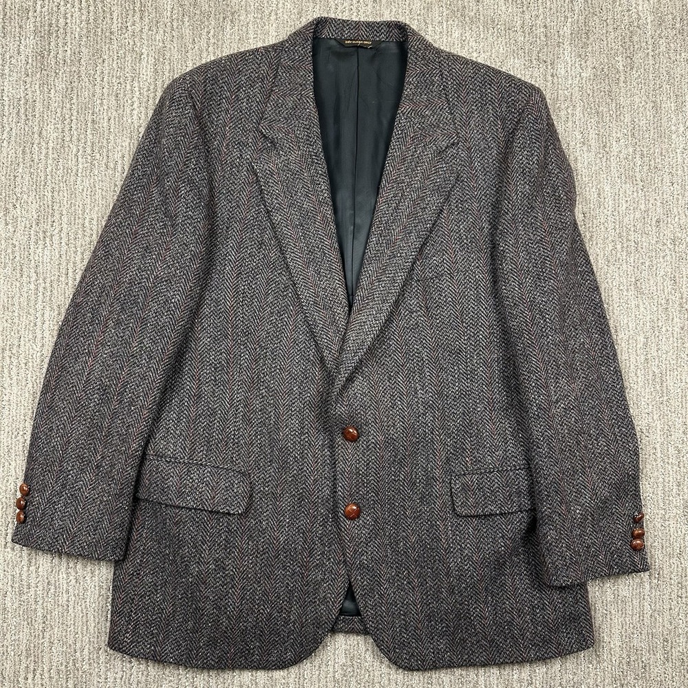 Vtg 80s Harris Tweed Sport Coat Mens 42R Gray Herringbone Wool Blazer PBM USA